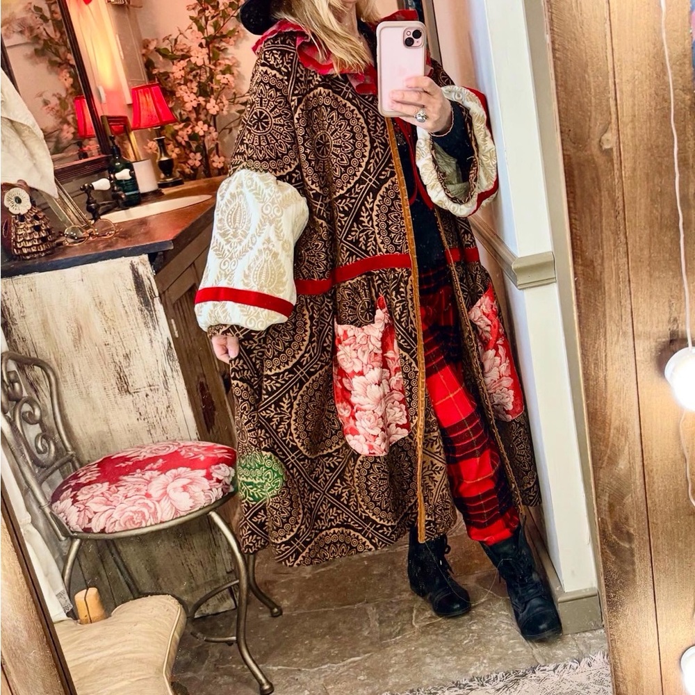 Handmade brocade oversized coat shabby tapestry lagenlook velvet trim maxi long
